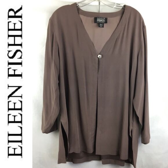 Eileen Fisher Brown Top Button Front Silk Tunic Top M/L - Picture 10 of 12